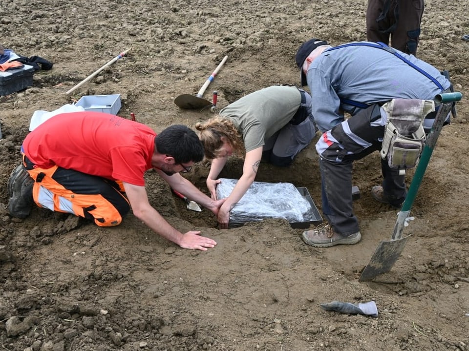 Fachleute des archäologischen Teams heben an der Fundstelle Erde aus.