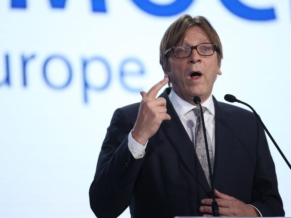 Guy Verhofstadt vor Mikrofonen.