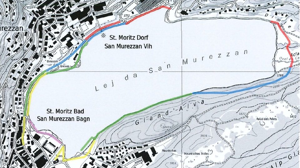 Karte von St. Moritz mit Wanderwegen um den See Lej da San Murezzan.