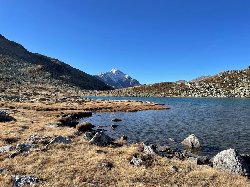 Bergsee mit schneebedecktem Berg im Hintergrund.