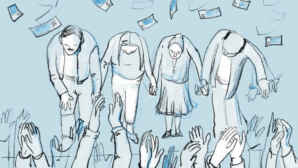 Illustration von vier Personen auf einer Bühne, die sich vor applaudierendem Publikum verbeugen. Über ihnen «Geldregen»