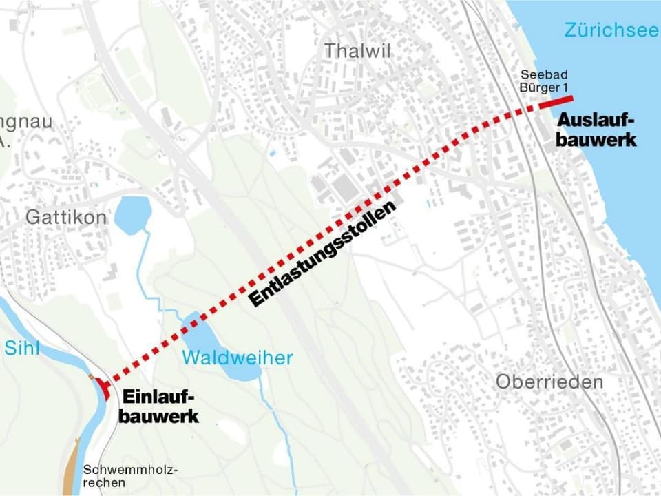 Karte mit Entlastungsstollen von Einlaufbauwerk an der Sihl zum Zürichsee.