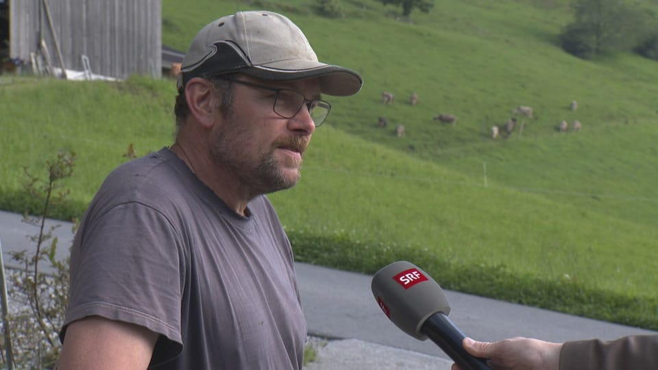 Bauer Toni Odermatt während des Interviews. Im Hintergrund Wiesen mit Kühen und ein Stall.