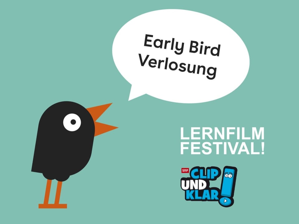 Ein kleiner animierter schwarzer Vogel und eine Sprechblase, in der «Lernfilm Festival – Early Bird Verlosung» steht.