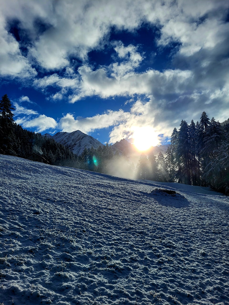 Winterlandschaft mit schneebedecktem Hang, Bäumen und Sonne hinter Wolken.