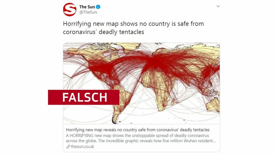 Der Tweet dieser Boulevard-Zeitung soll die fatal schnelle und vor allem flächendeckende Verbreitung des Virus zeigen. Tatsächlich zeigt die Weltkarte aber den globalen Luftverkehr.  