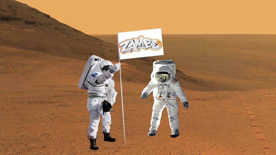 Zwei Astronauten auf dem Mars stellen eine «Zambo»-Fahne. 