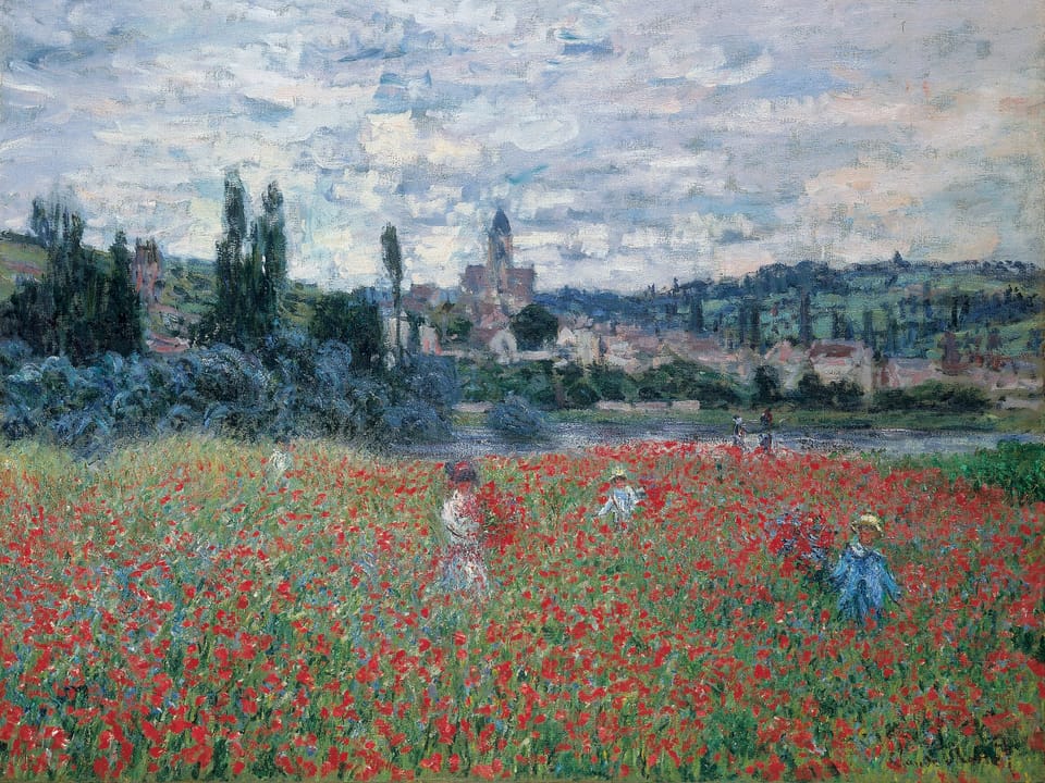 Impressionistisches Gemälde von Claude Monet. Wiese mit roten Blumen und Figuren im Hintergrund.