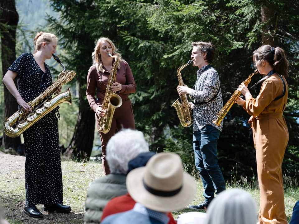 Musizierende mit Blechblasinstrumenten, davor Publikum, hinter ihnen Wald und See.