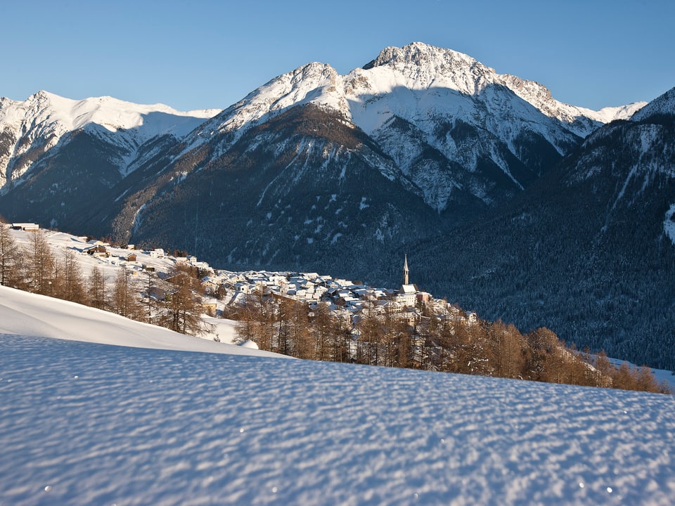 Blick über das verschneite Unterengadin.