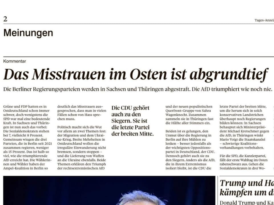 «Das Misstrauen im Osten ist abgrundtief», titelt der «Tagesanzeiger» seinen Kommentar.