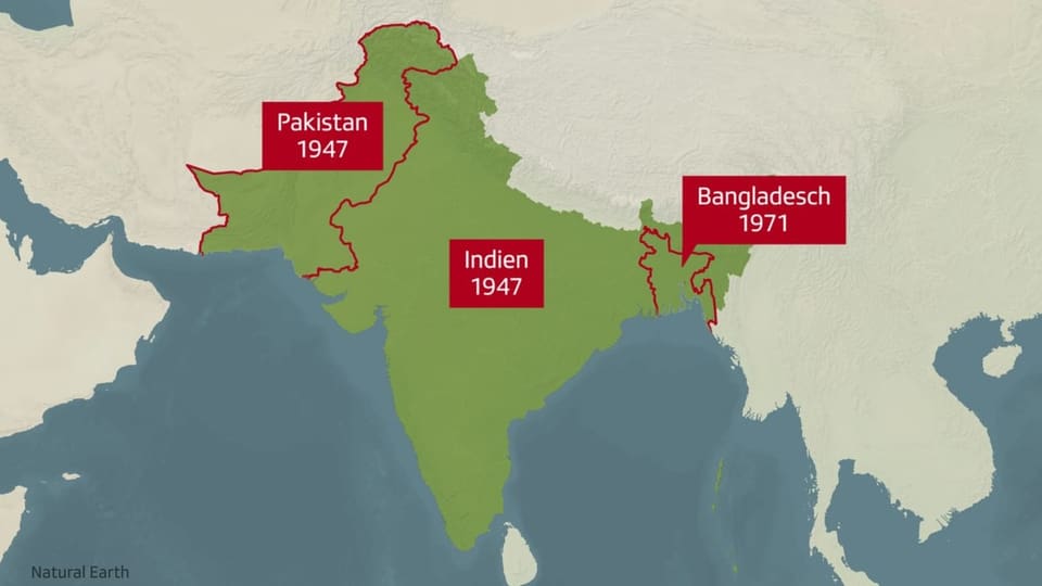 Heutige politische Aufteilung des Gebietes: Pakistan, Indien und Bangladesch.