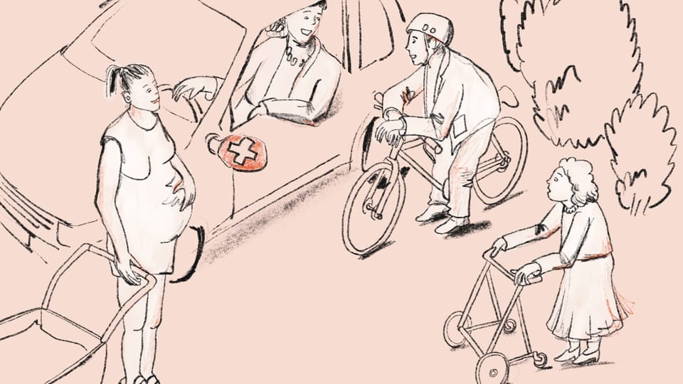 Illustration einer Schwangeren mit Kinderwagen, einem Radfahrer, einer älteren Frau mit Rollator und einer Frau im Auto.