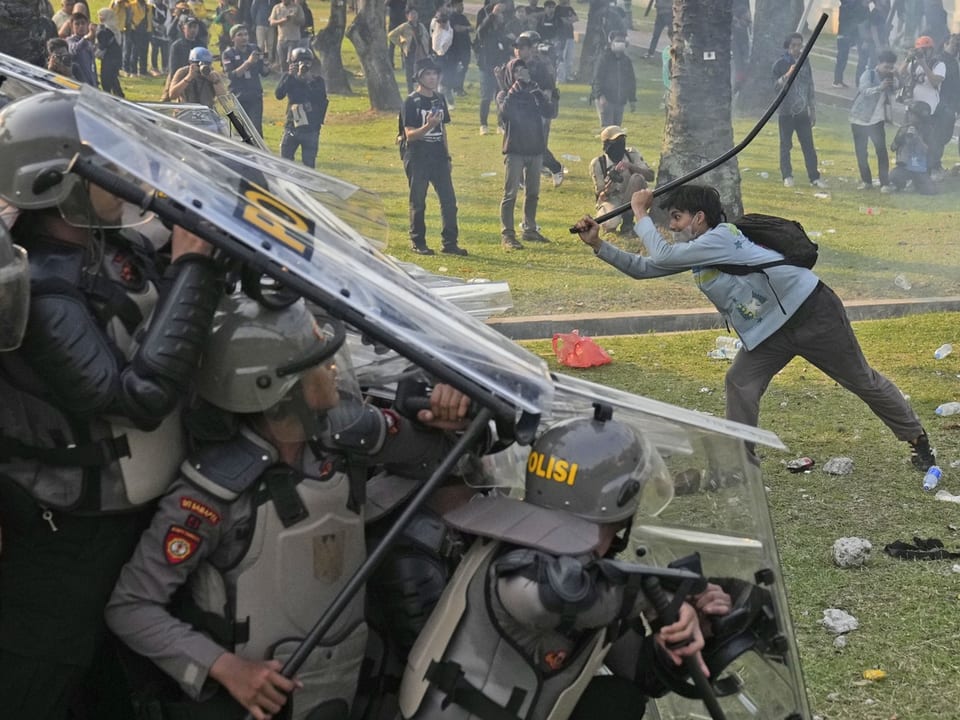 Protester schwingt Stock vor Polizei mit Schilden