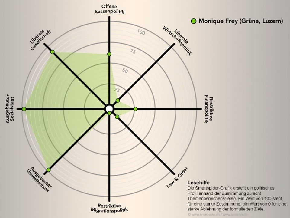 Das politische Profil von Monique Frey schematisch dargestellt.