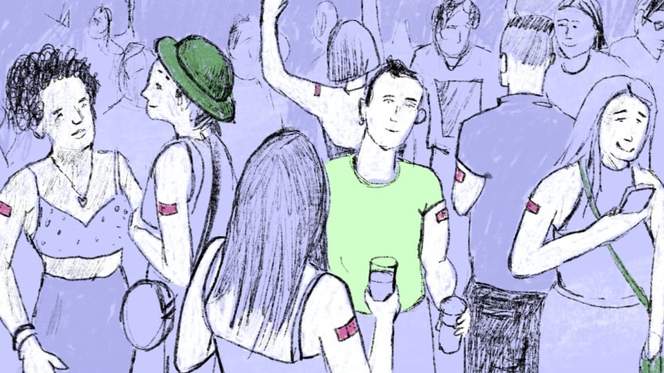 Illustration von Menschen an einer Party mit einem Impfpflaster am Oberarm.