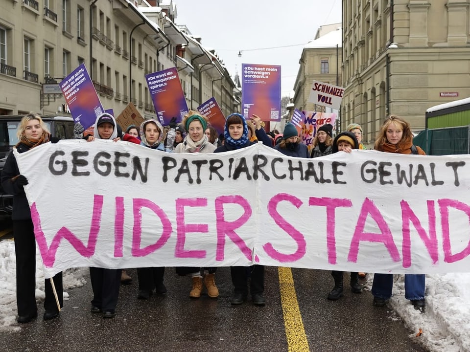 Demonstranten halten Banner gegen patriarchale Gewalt auf verschneiter Strasse.