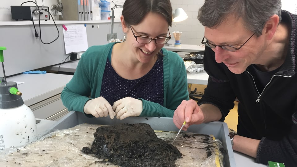 Mitarbeiter der Kantonsarchäologie untersuchen die Erdblöcke, welche die Taucher aus dem Greifensee gehoben haben.