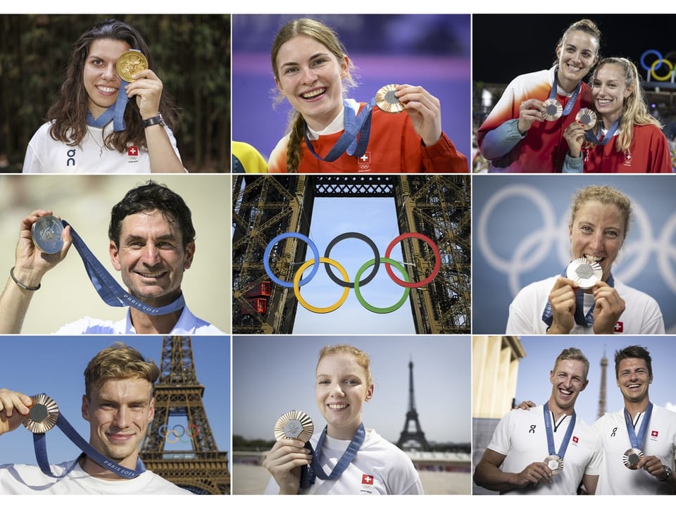 Neun Athleten mit ihren Olympischen Medaillen und dem Eiffelturm im Hintergrund.