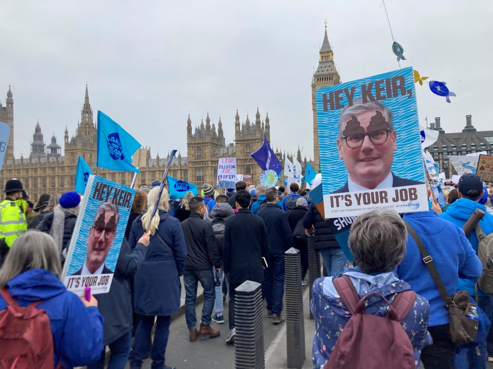 Protestierende vor dem Parlament mit Schildern und Fahnen.