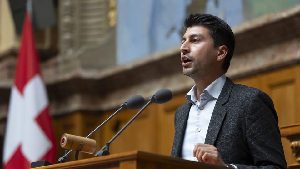 Mann spricht in einem Parlament, Schweizer Fahne im Hintergrund.