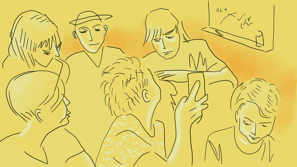 eine Illustration von Jugendlichen im Schulzimmer. Der eine zeigt sein Handy herum