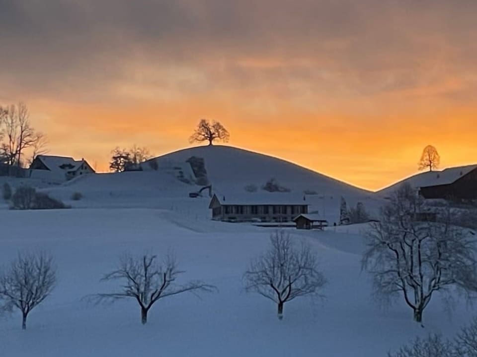 Winterlandschaft mit schneebedeckten Hügeln und Sonnenuntergang.