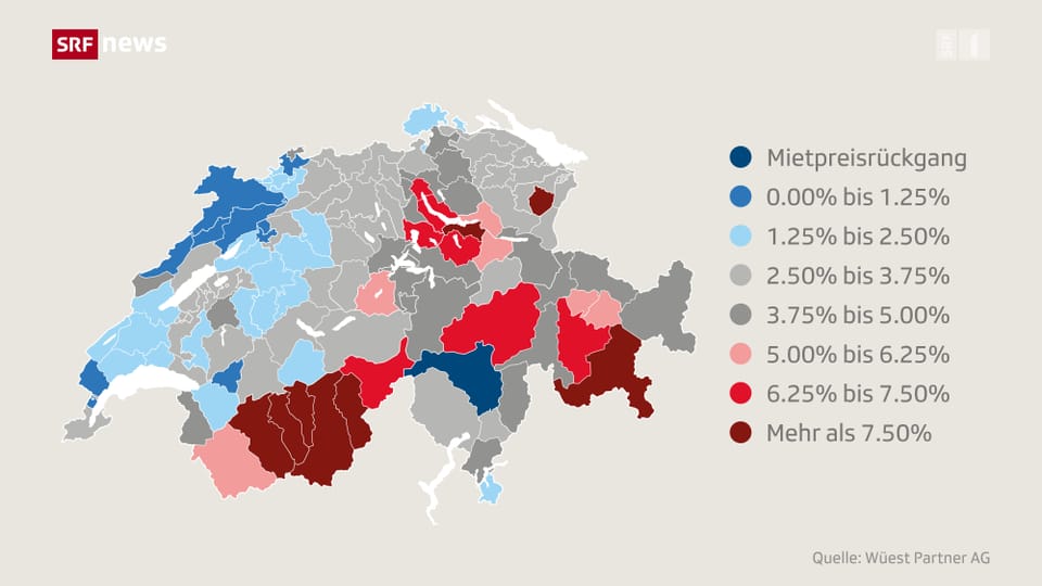 Auf der Schweizer Karte sind die Regionen eingefärbt je nachdem wie stark die Mieten gestiegen sind.