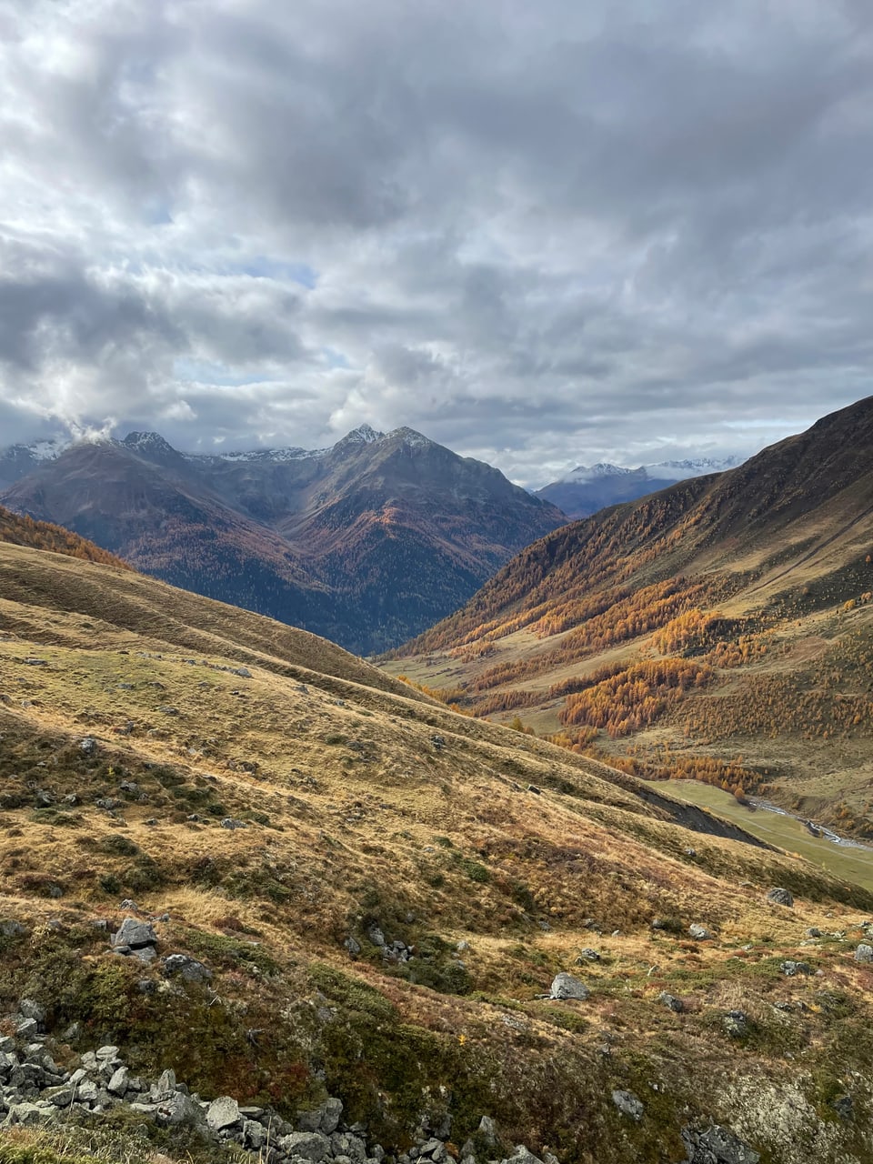 Berglandschaft mit Herbstfarben und bewölktem Himmel.