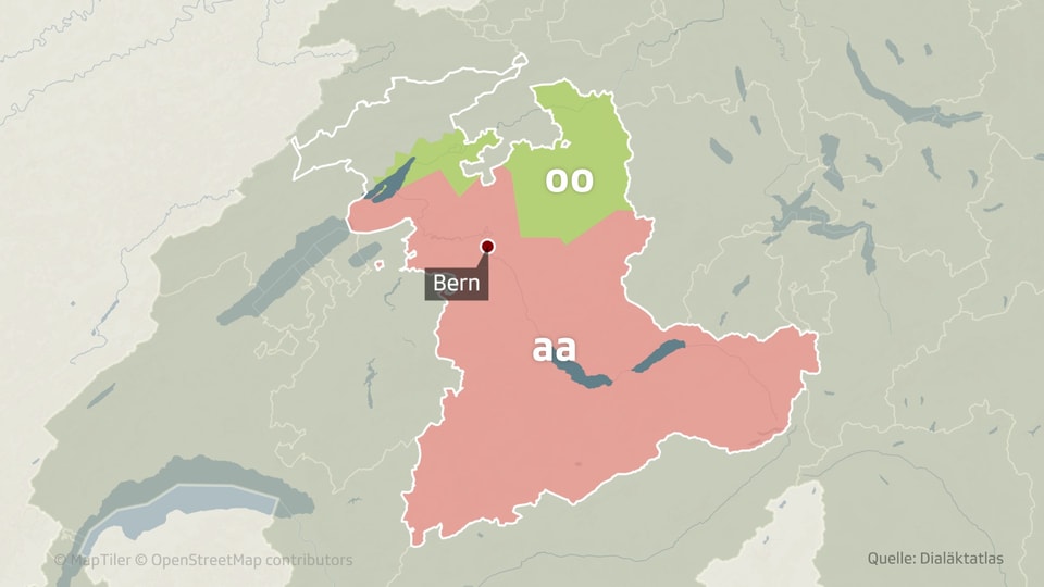 Karte des Kantons Bern. Der nördliche Teil ist grün eingefärbt und mit «oo» markiert, der südliche Teil rot mit «aa». 