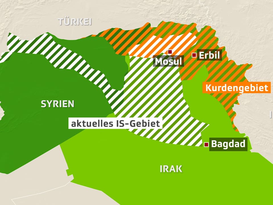 Karte: Nordirak, eingezeichnet das kurdische Gebiet sowie die derzeitige Ausbreitung der IS-Terroristen.