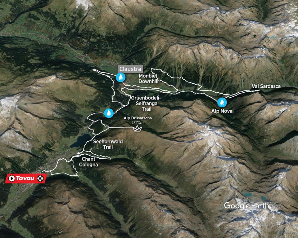 Satellitenansicht der Wander- und Mountainbikestrecken in Tavau.