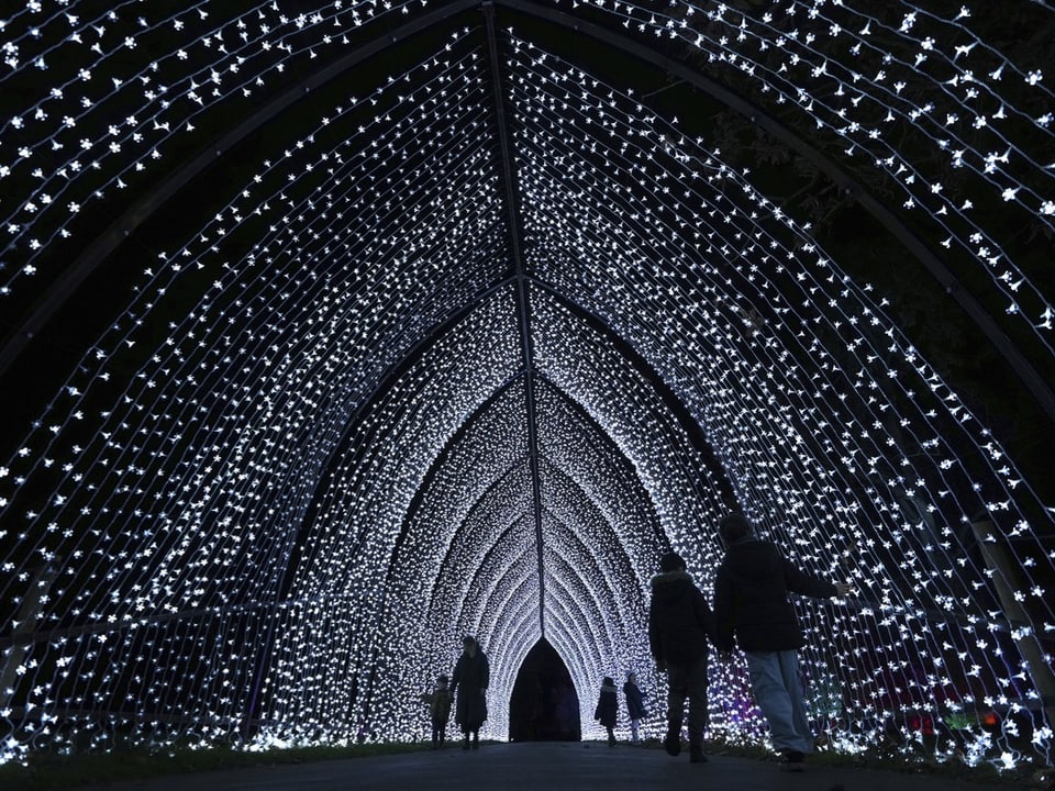 Menschen unter beleuchtetem Lichtertunnel bei Nacht.