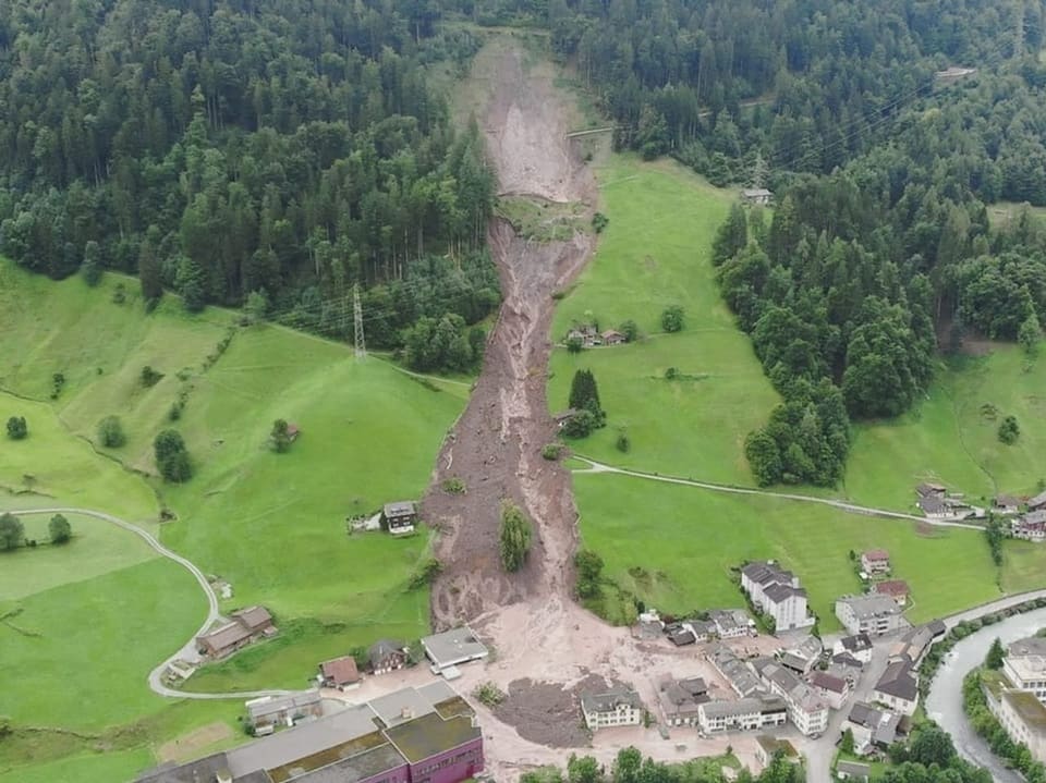 Eine Drohnenaufnahme zeigt wie eine Schlammmasse ganze Teile eines Waldes und ein halbes Dutzend Häuser verschüttet hat.