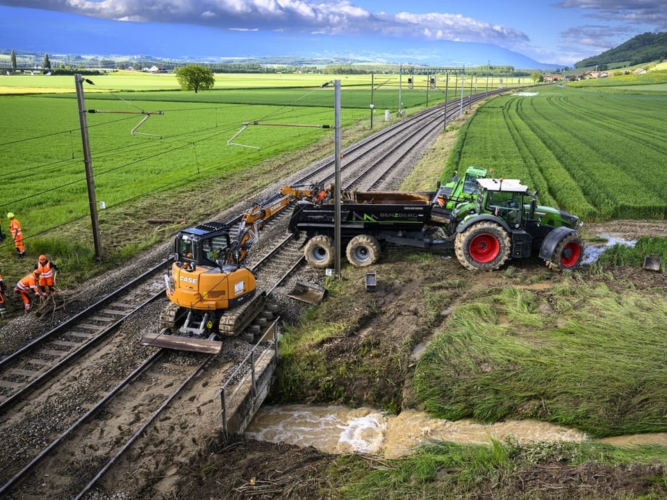 Bauarbeiten an Eisenbahnschienen auf offenem Feld.