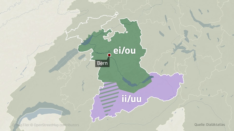 Karte des Kantons Bern. Der Norden ist grün eingefärbt mit der Beschriftung «ei/ou», der Süden lila mit «ii/uu».