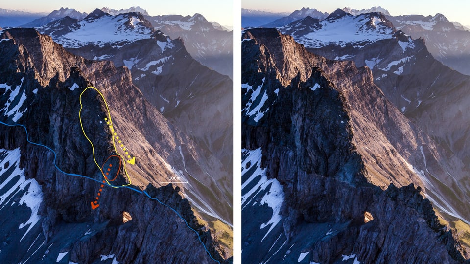 Tschingelhörner: Berglandschaft mit markierten Kletterrouten.