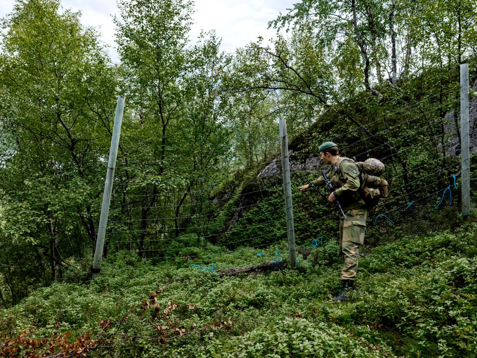 Soldat patrouilliert entlang eines Zauns im Wald.