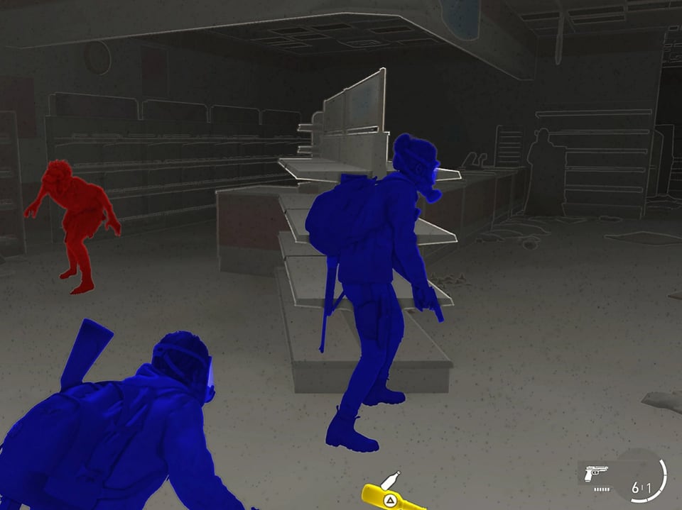 Screenshot aus dem Spiel. Die Figuren sind in gut sichtbaren roten und blauen Farben markiert, ein Objekt in gelb.