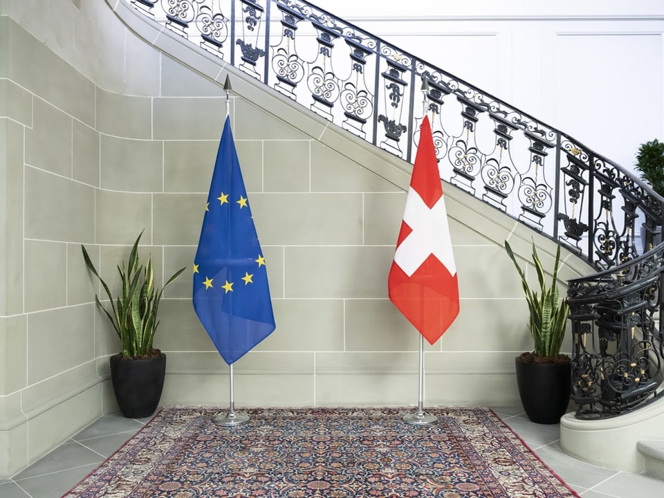 Die Flagge der EU und der Schweiz. 