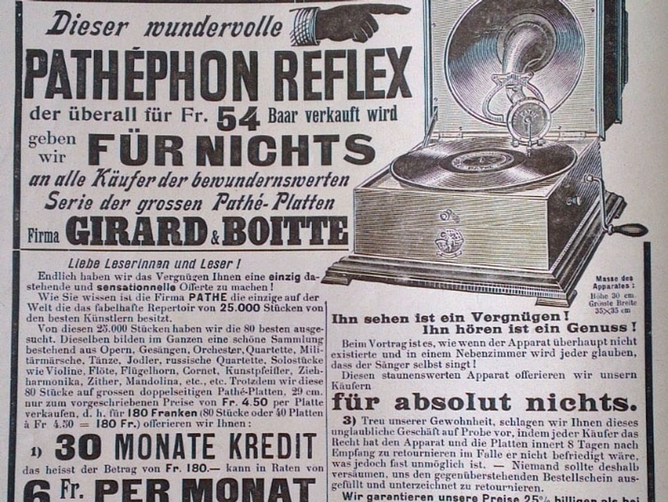 Werbeinserat aus Schweizer Illustrierten, Phonograph