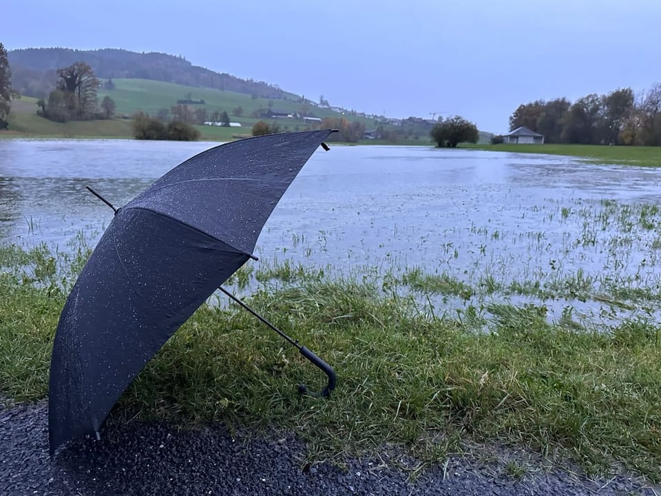 Ein Schirm vor einem «neuen See».