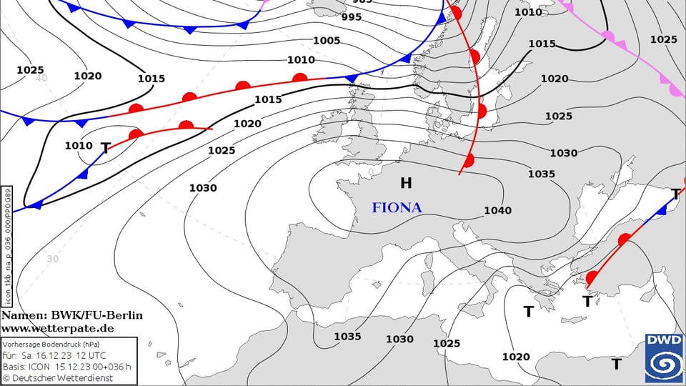 Karte mit Isobaren für Europa mit dem starken Hoch Fiona