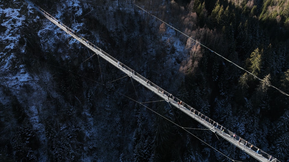 Luftaufnahme einer langen Hängebrücke über bewaldetes Tal im Winter.