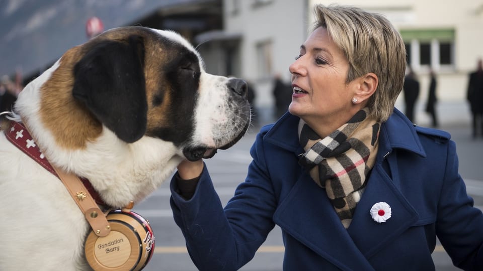 Keller-Sutter streichelt einen Bernardiner-Hund.