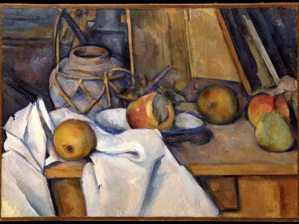 Stilleben von Früchten und einem Krug auf einem Tisch vom französischen Künstler Paul Cézanne