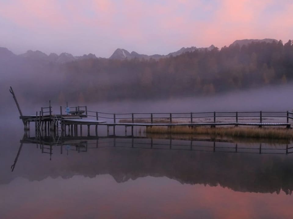 Blick auf den See mit etwas Nebel.