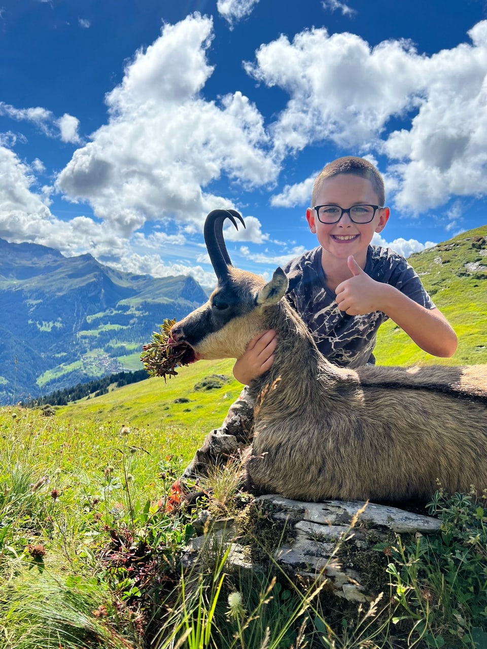 Junge gibt Daumen hoch und hält Bergziege in alpiner Landschaft fest.