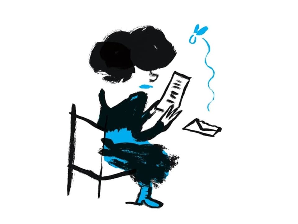 Zeichnung: Eine Frau sitzt auf einem Stuhl und liest einen Brief.