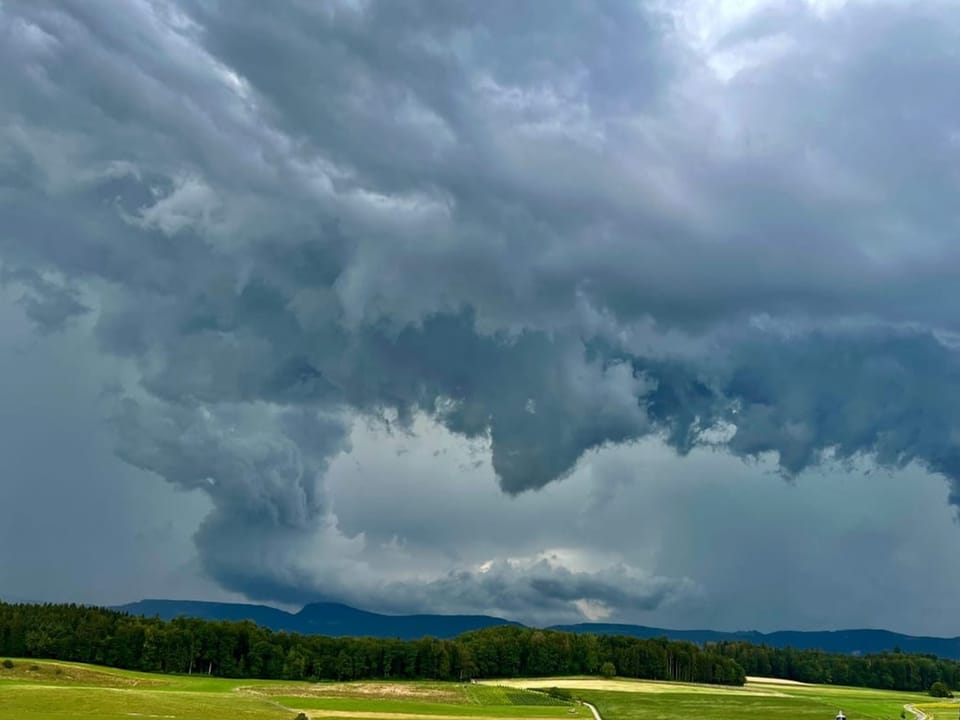 Dramatischer Wolkenhimmel über grüner Landschaft und Wald.